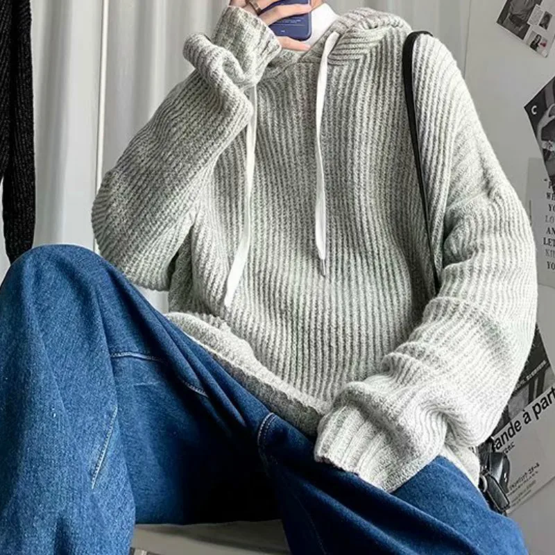 

Winter Men Long Sleeves Hooded Sweater Solid Casual Knit Warmth Pullover Male Autumn Fashion Loose Clothes Sweaters Streetwear