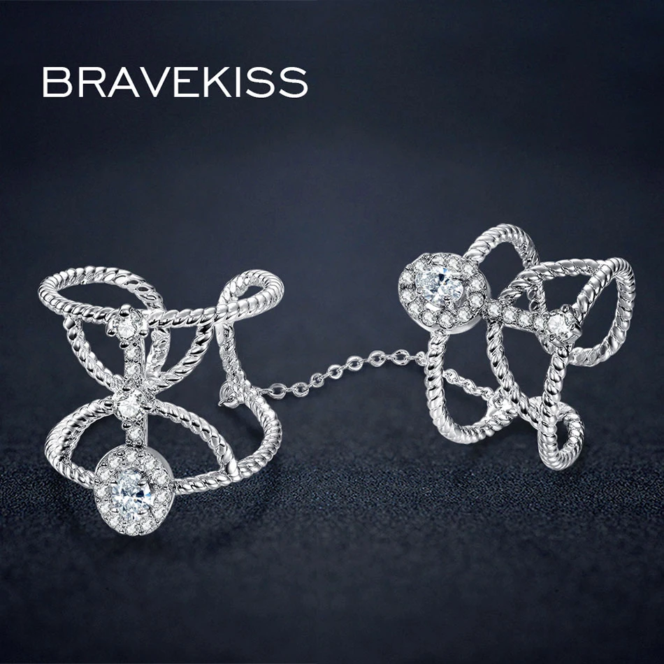 BRAVEKISS ur полные, кольца на палец с цепочкой для женщин cz камень braid разомкнутые кольца строки диапазона костяшки кольца, ювелирные изделия BUR0267