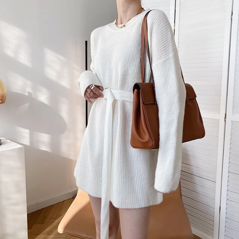 

2020 New Autumn Winter Medium Long Casual Pullover Sweater Dress Women's Thick Lazy Wind Waist O Neck Bottoming knitted Dresses