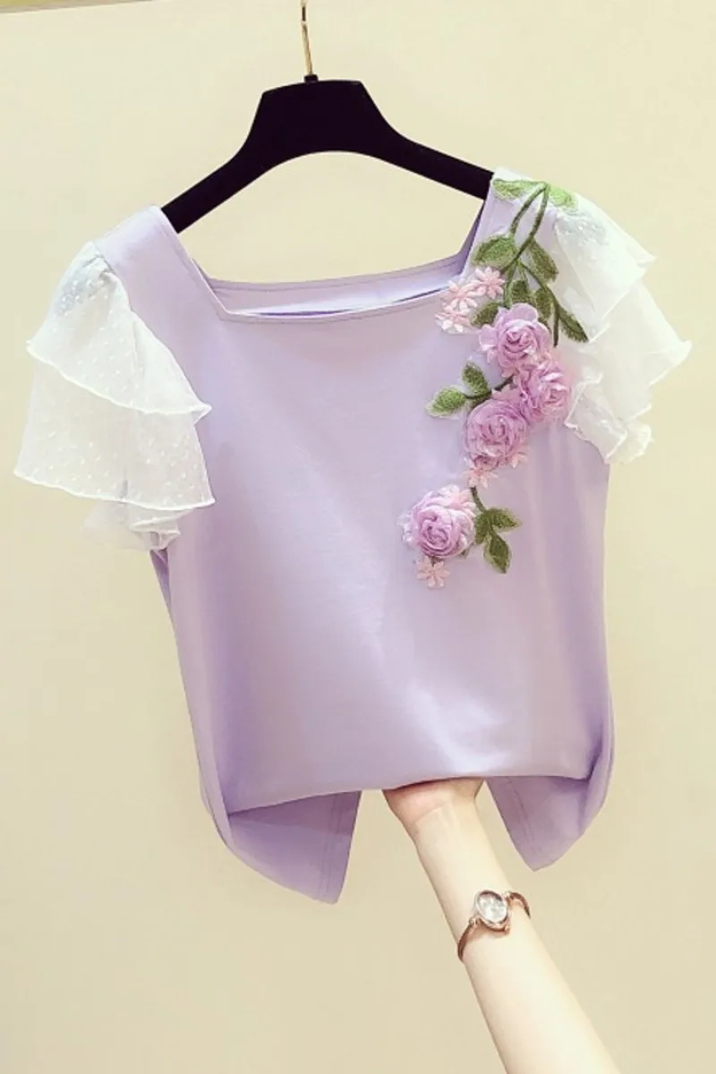 

2021 Summer New Korean Mesh Ruffled Sleeve Lady Shirt Embroidery Flower Square Collar T-shirt Women's Casual Shirt