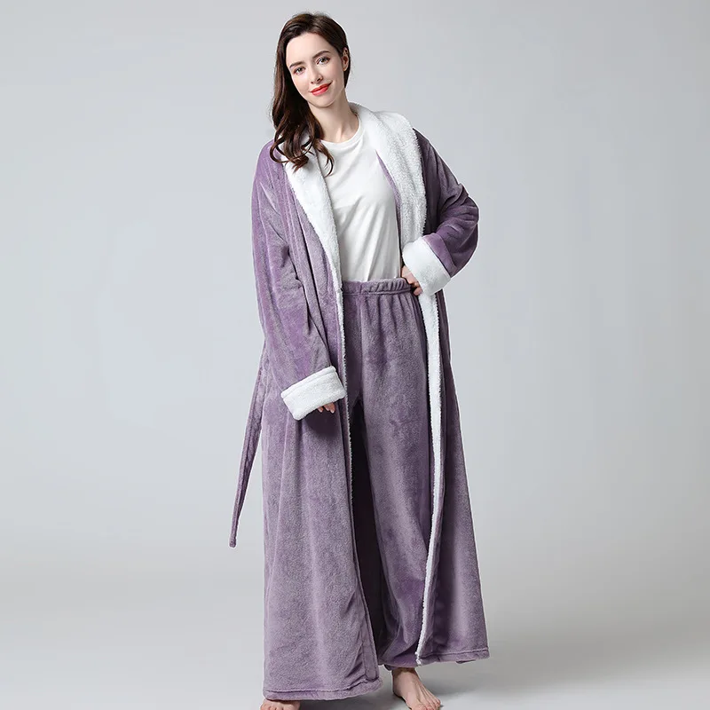 

Осенний костюм из 2 предметов, зимний плотный пижамный комплект, свободный фланелевый Халат и штаны, женская одежда для сна, кимоно, халат, ко...