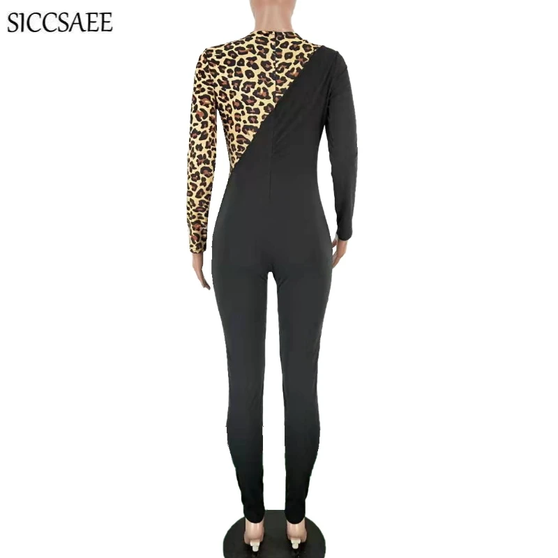 

Zipper Hole Cut Out Front Bandage Jumpsuits For Women 2020 Leopard Printing Patchwork Bodycon Bodysuit Sexy Rompers Long Pants