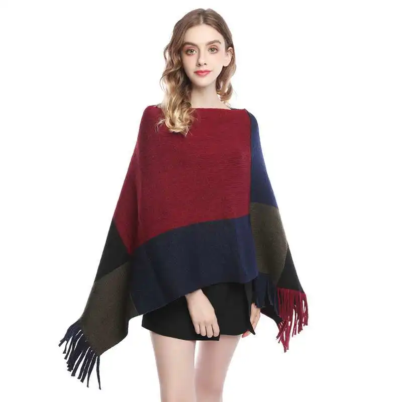 

Elegant Plaid Poncho Sweater Women Blanket Tassel Cape Coat Fringe Shawl Scarf Spring Autumn Ladies Batwing Wrap Warm Pullovers