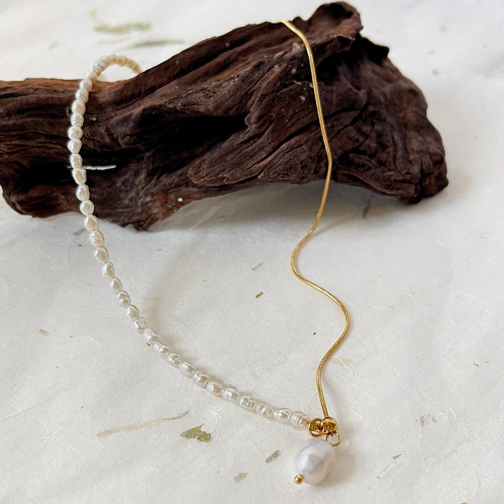 Monlansher Натуральный жемчуг титановая сталь сращенное ожерелье тонкая цепочка в