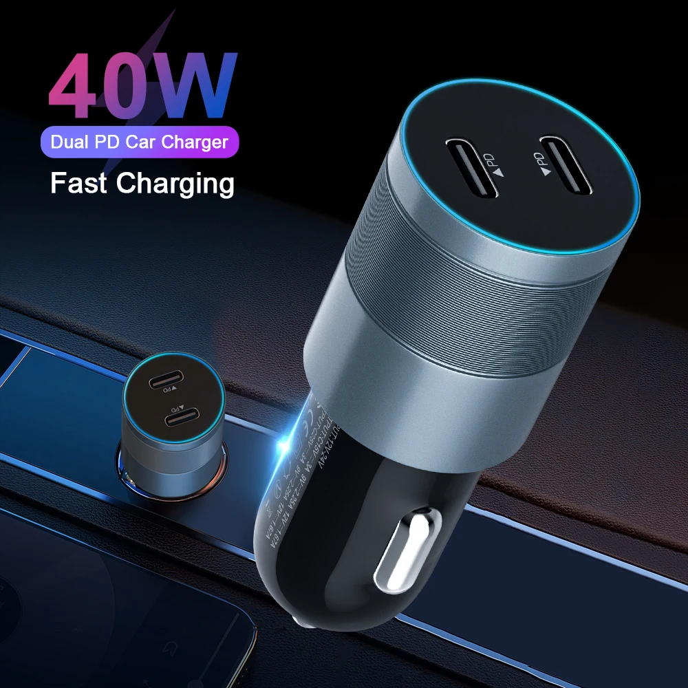 

40W Dual PD Car Charger QC4.0 3.0 Car Charger with Blue LED 2 Ports Mini Quick Charger Adapter for Smart Phone Car Accessories