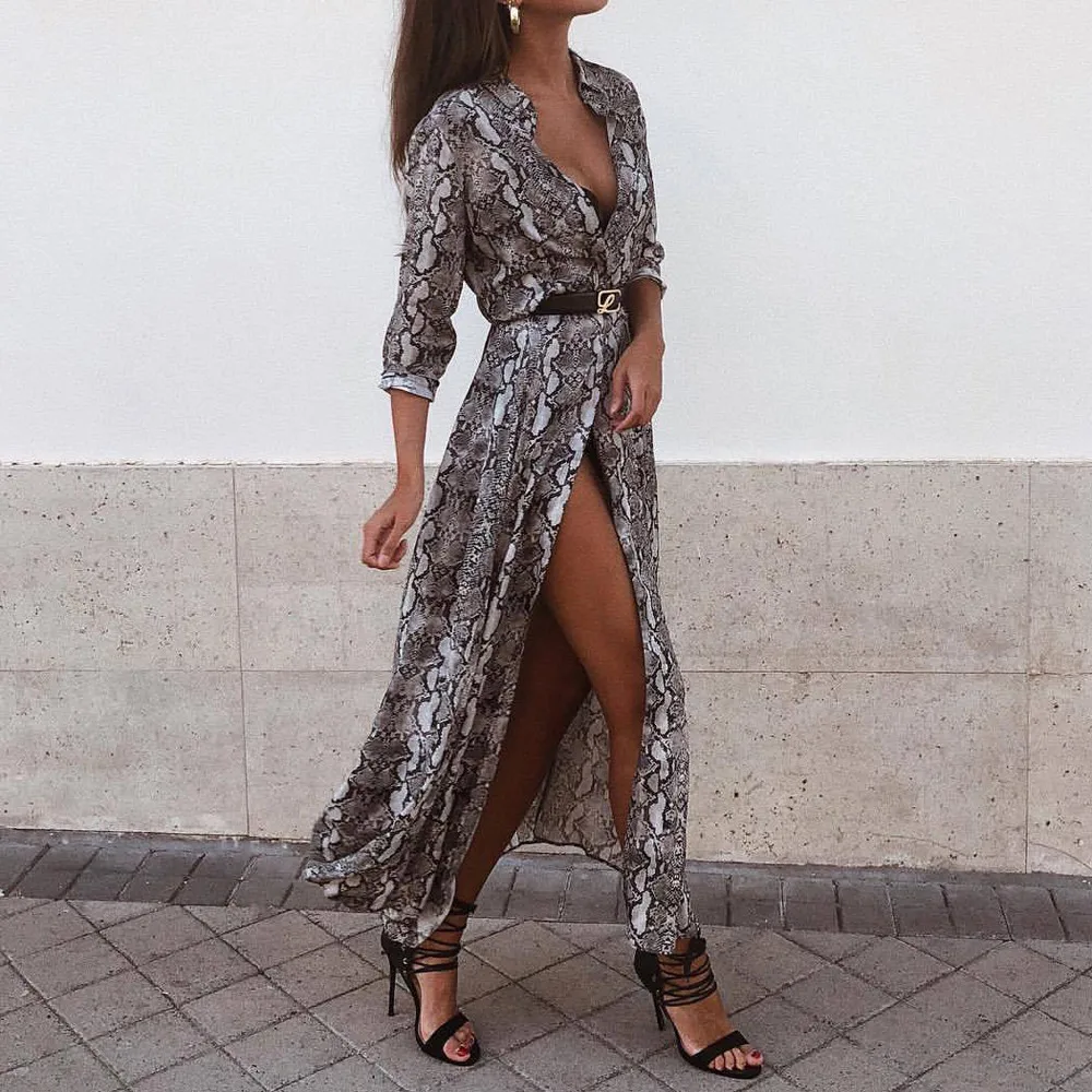 Платье с принтом змеи женское длинное платье глубоким треугольным вырезом и