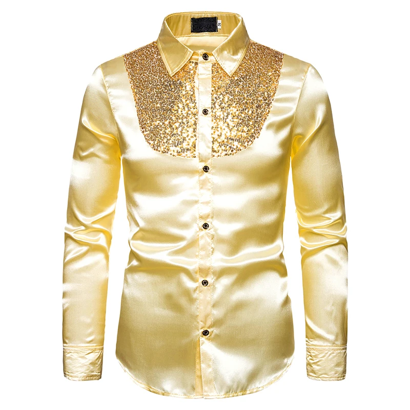 Silk Shirt Sequins Men New Satin Smooth Men Solid Tuxedo Business Shirt For Men Casual Slim Fit Shiny Gold Wedding Dress Shirts