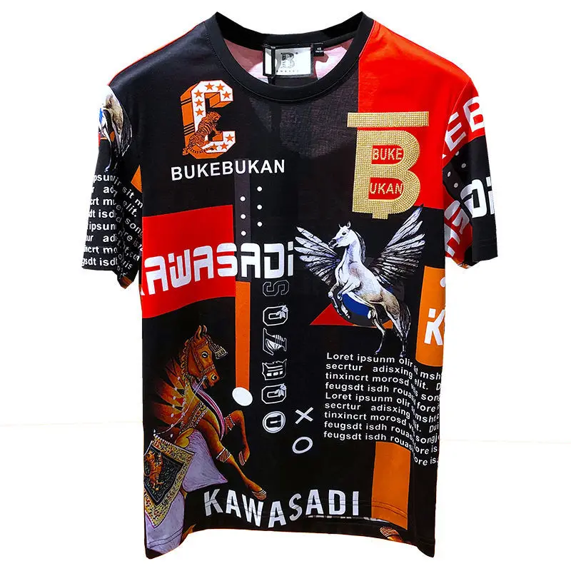 

2021 summer new slim personality coat printed hot drilling heavy industry short sleeve T-shirt men