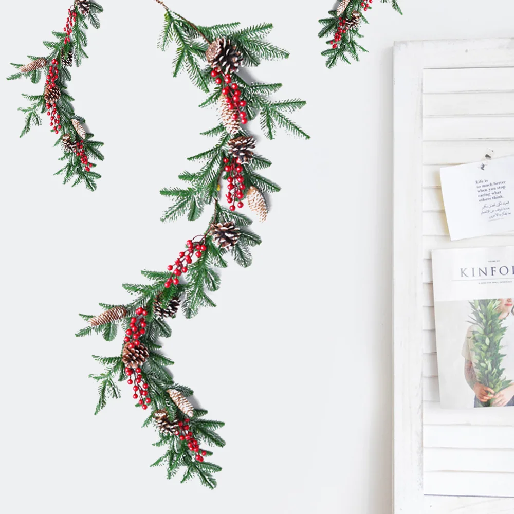 Гирлянда из сосны и граната для новогоднего украшения 1,5 м искусственного венка из красных ягод с хвоей и зелеными листьями для праздника.