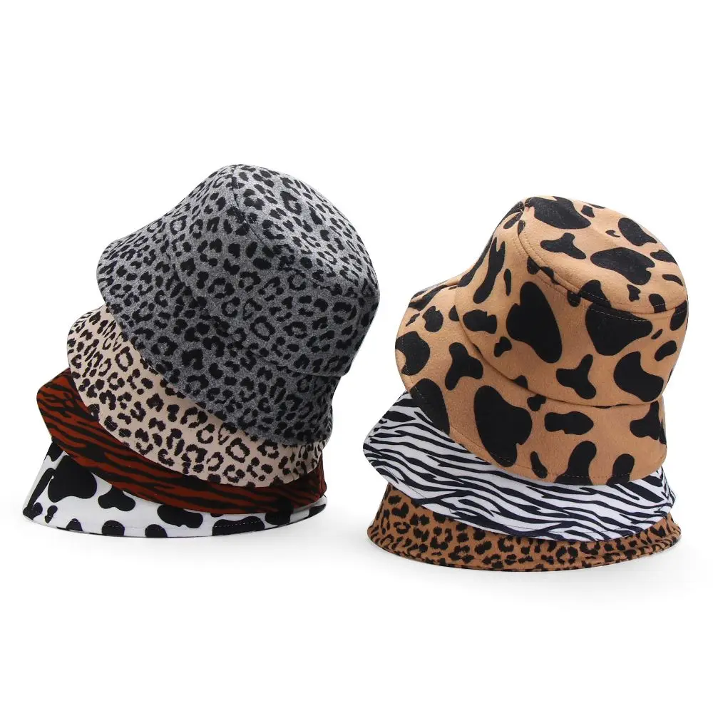 

Warm Winter Thicken Fedora Milk Cow Print Bucket Hat for Women Fisherman Hats Bucket Caps Leopard Print