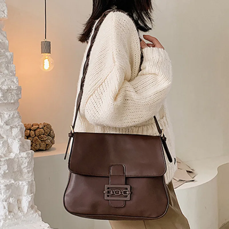 

Elegant Women Clamshell Crossbody Bag PU Leather Solid Color Single Shoulder Messenger Bag Lightweight Vintage Wild Square Bags