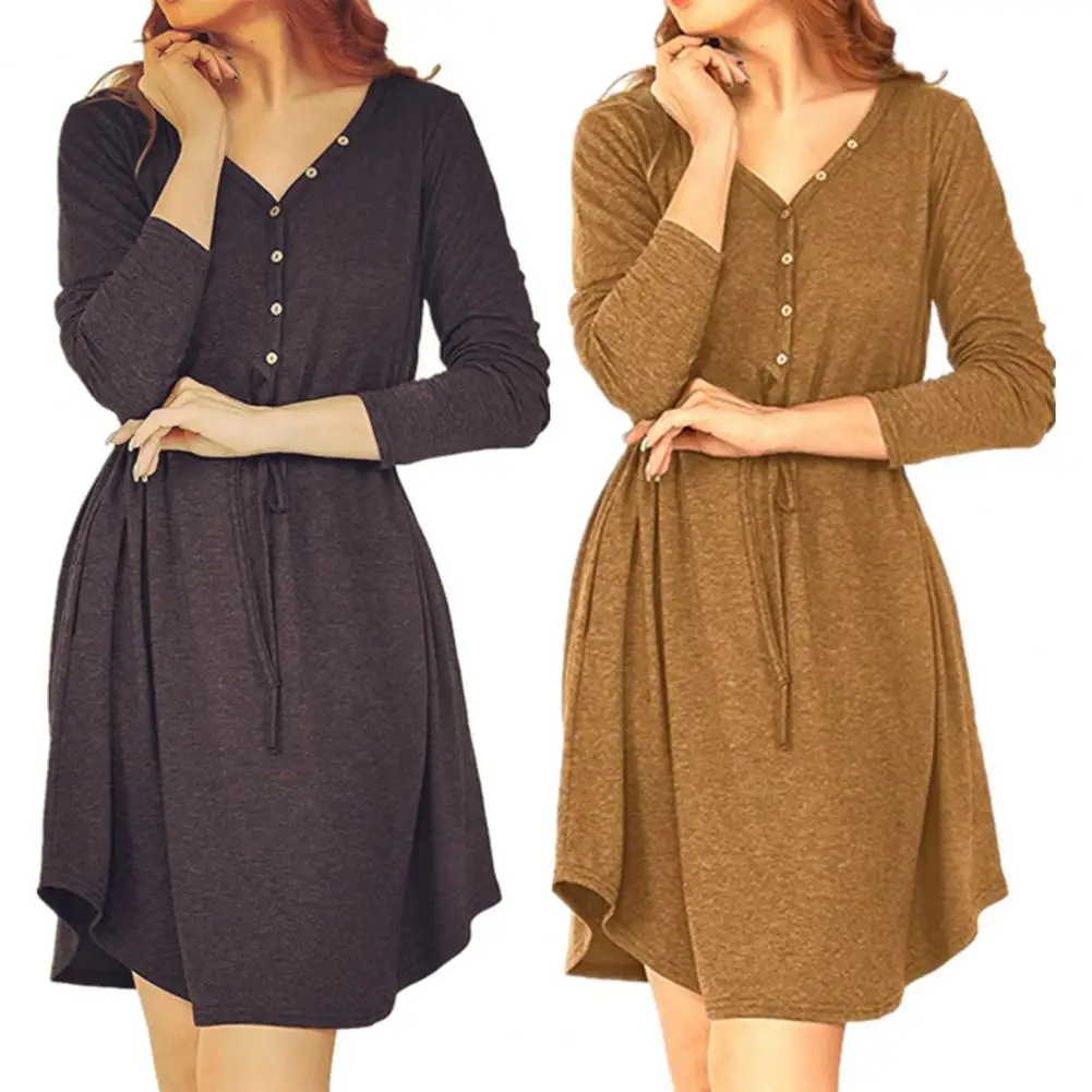 

Женское однотонное платье с длинным рукавом, асимметричным подолом и V-образным вырезом, на пуговицах, весна-осень 2022