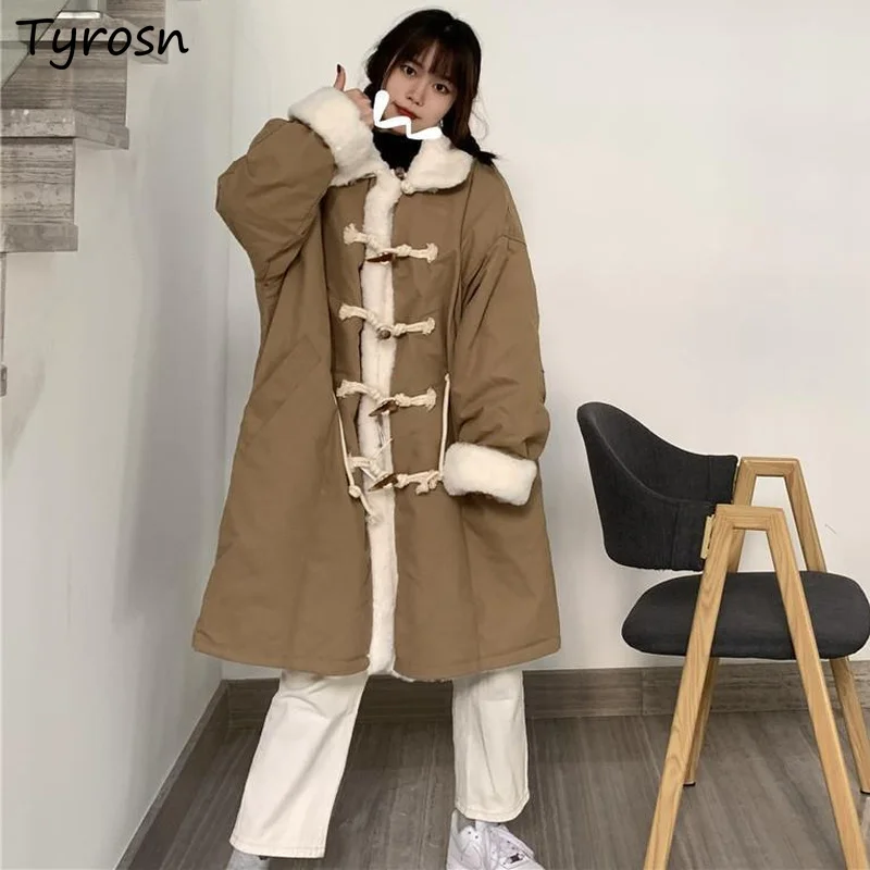 

Wool Blends Women Retro Brown Design Patchwork Lambswool Winter Coats Safari Style Loose Horn Button Tooling Long Jackets Teens