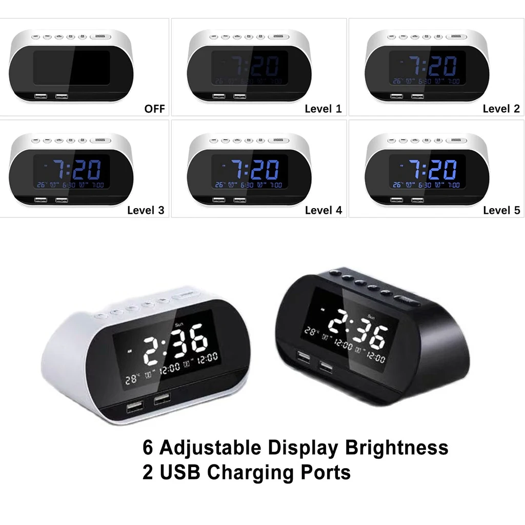 Large Screen Digital FM Radio Alarm Clock LCD Display Dual USB Charger Multifunctional Adjustable Brightness Snooze Function