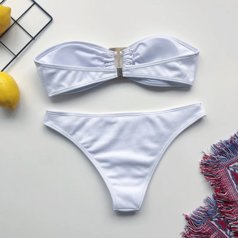 Solid Bikinis 2020 Two Piece Sexy Strapless Swimsuit Women Bandeau Biquinis Ribbed Bathers Buckle Bathing Suit Beachwear |