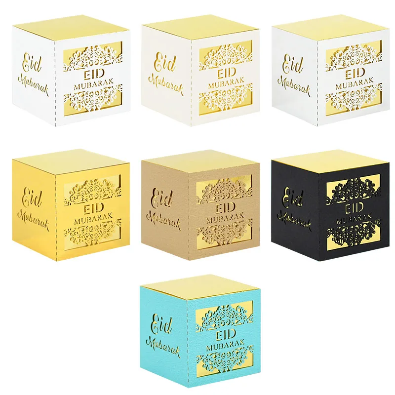 

50 шт. коробка конфет с лазерной резкой Eid Mubarak Рамадан Декор золотой черный печенье подарочные коробки для мусульманского фестиваля вечерин...
