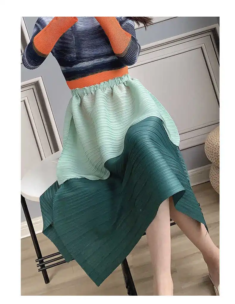 

LANMREM Pleated Skirt Loose Medium Length High Waist New Contrast Color Side Split A-line Women's Fashion Large Skirts 2D6059