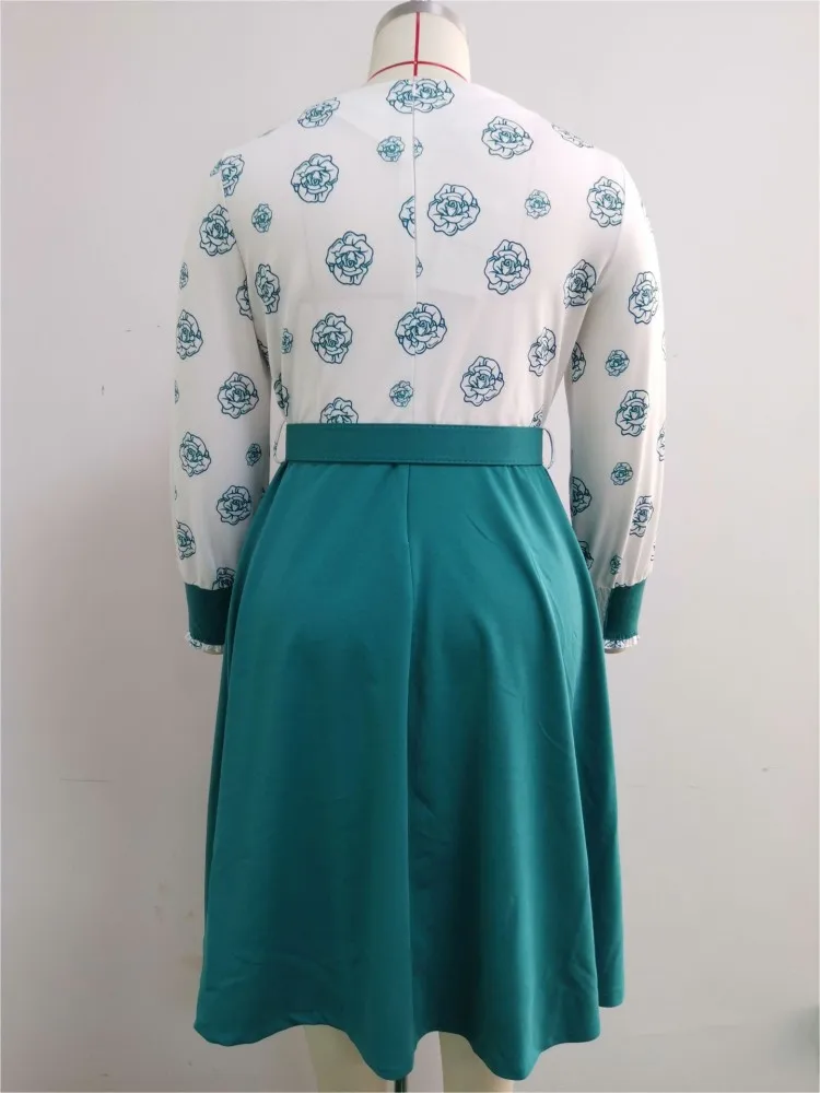 

2X--6XL Stitching Dress African Large Size Women's Round Neck Long Sleeves With Belt Fashion Printing Elegant Dress Spring 2021