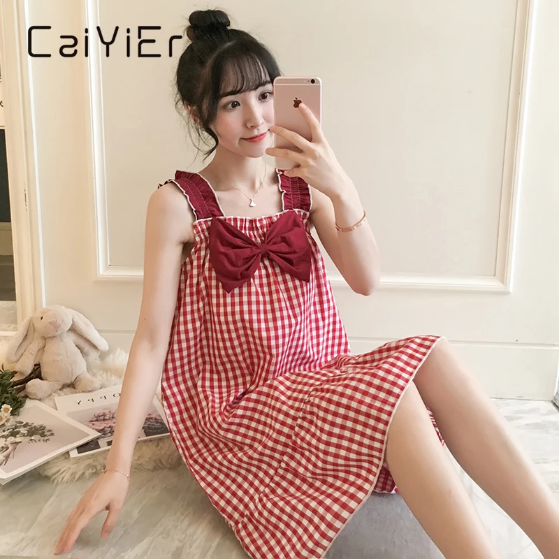 

CAIYIER Summer Grid Print Cute Bowknot Nightgown Sleeveless Women Casual Night Dress Korean Style Girls Sleepshirts Outer Wear