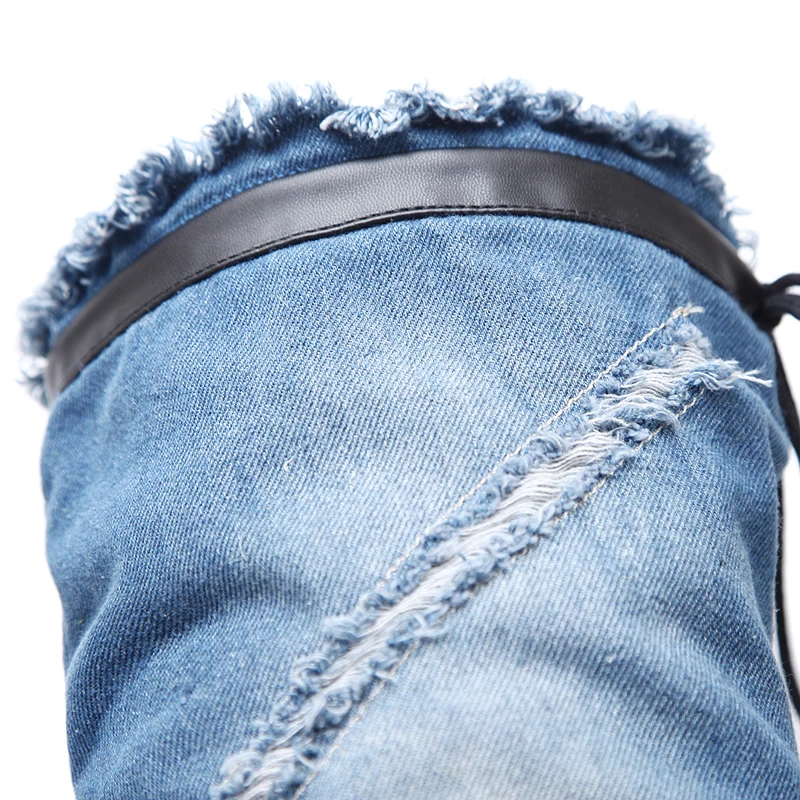 Женские синие джинсовые ботфорты Bottines модные зимние высокие сапоги на платформе