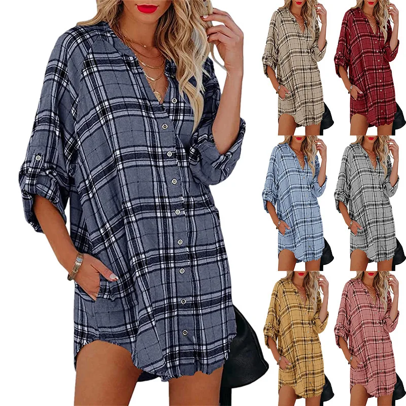 

Женская хлопковая рубашка в клетку, свободная рубашка в европейском и американском стиле с длинным рукавом и V-образным вырезом, Осень-зима ...