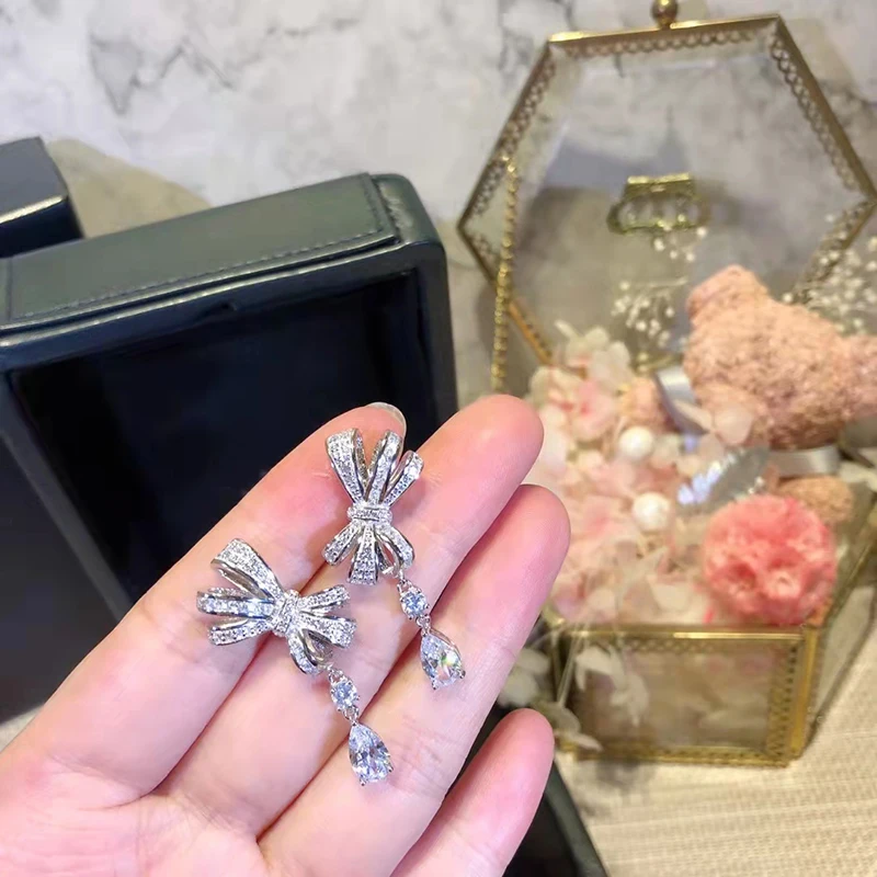 

Classic fashionable zircon bow on water drops earrings original brand high quality jewelry logo female gift