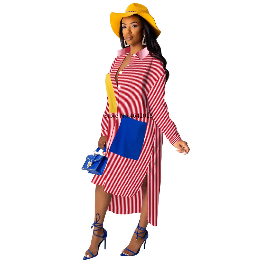 Осеннее женское платье-рубашка в синюю и желтую полоску весеннее длинное платье