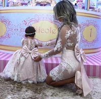 long sleeves mother daughter flower girl dresses mother of bride dresses with big bow princess pink lace ball gown