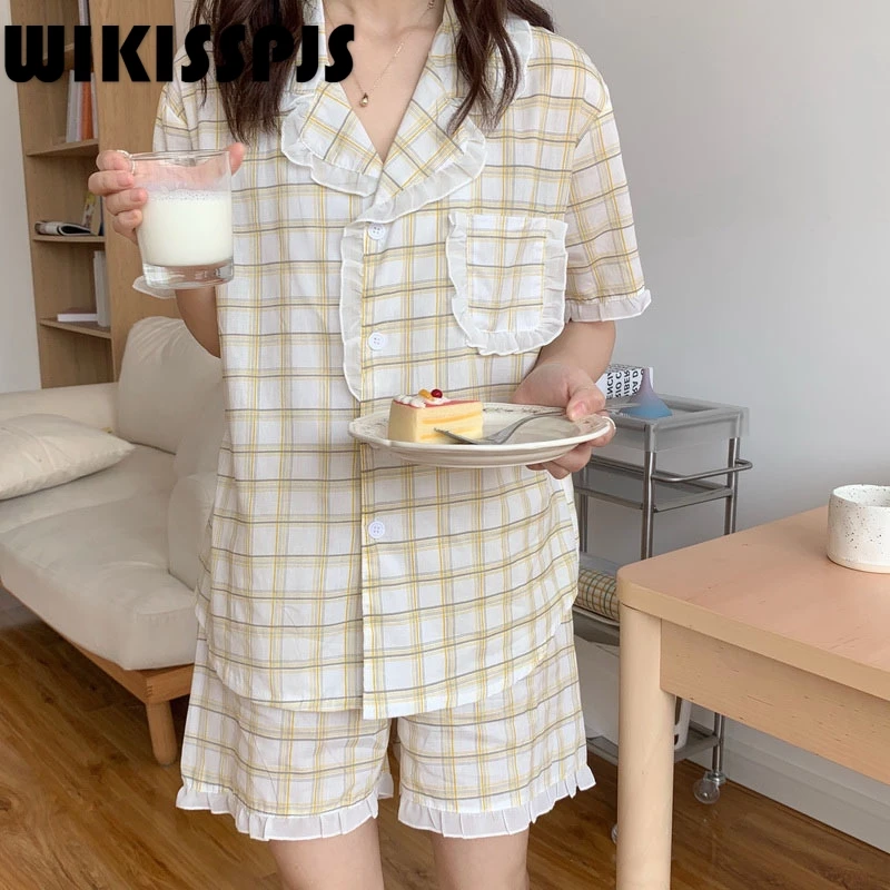 

Летняя Новинка сетчатые кружевные клетчатые шорты с коротким рукавом Повседневная Пижама женский домашний костюм комплект для спальни топы для сна комплект из двух предметов лето