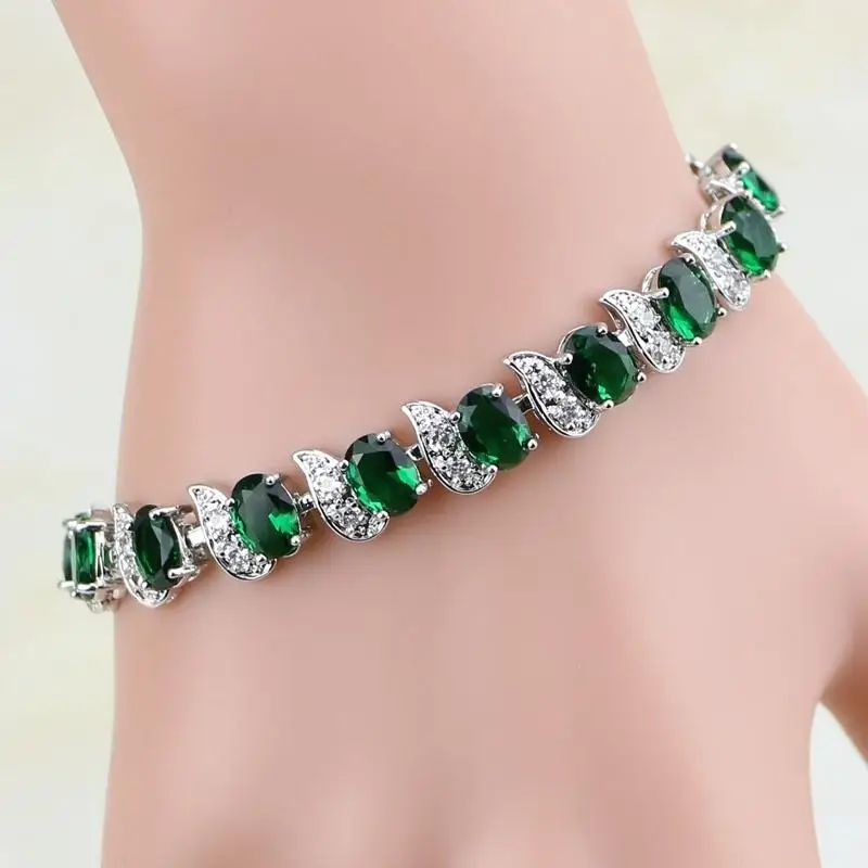 

Green Oval Crystal Stone Bracelet Leaf Shape Tennis Bracelet for Women Party Wedding Jewelry