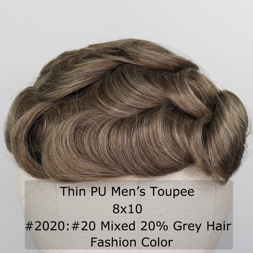 YY Парики мужские Toupee 8x10 Тонкий ПУ коричневый смешанный серый 6 дюймов Кожа Замена