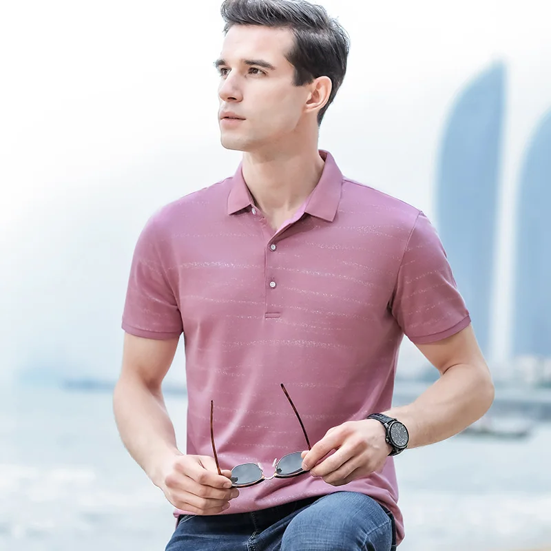 Summer men's short sleeve T-shirt casual Lapel stripe gradient polo shirt mercerized cotton loose fashion men's wear