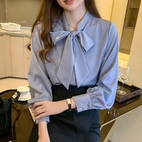 elegant fashion bow chiffon blouse 2022 spring new office ladies loose v neck button womens shirt commute female clothing 4xl