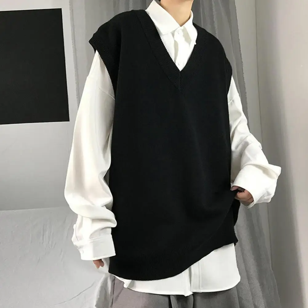 

Men Student Sweater 2021 V Neck Solid Color Sleeveless All Match Spring Sweater for School