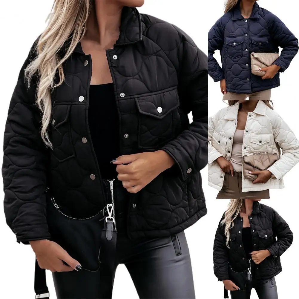 

Женская зимняя куртка на пуговицах, однотонная куртка с отложным воротником и карманами с отложным воротником и длинным рукавом, Прямая пос...