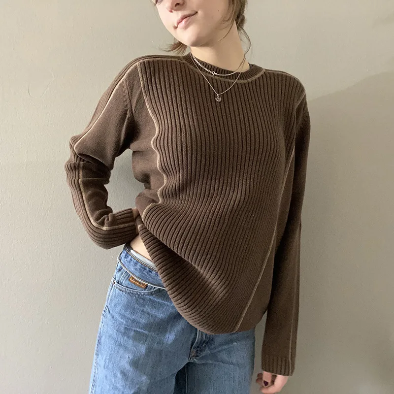 

Women\u2019s Casual Long Sleeve Loose Sweater Spring Autumn New Fashion Solid Color Round Neck Pullover Knitwear Female Clothing
