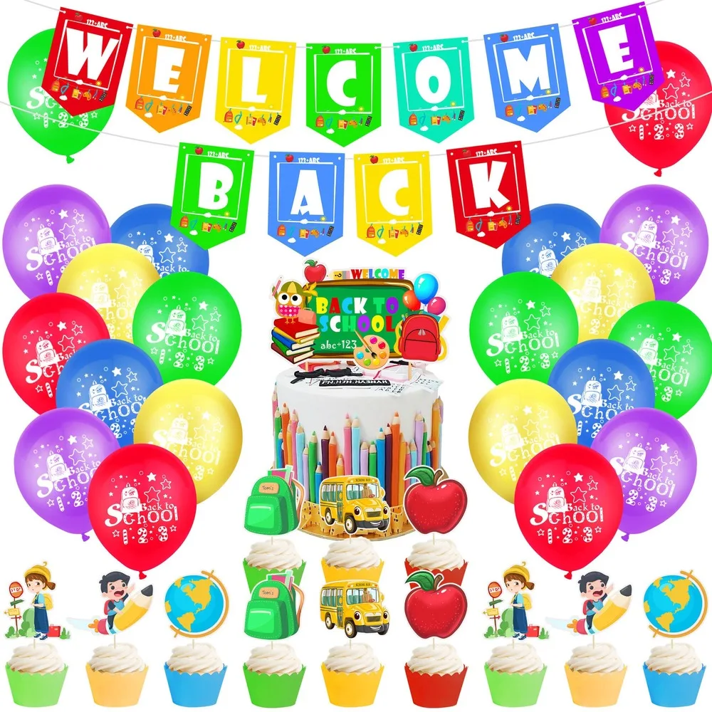 

1Set Welcome Back Party Decorations Balloons Set Back To School Banner Cake Topper Decorations for Party