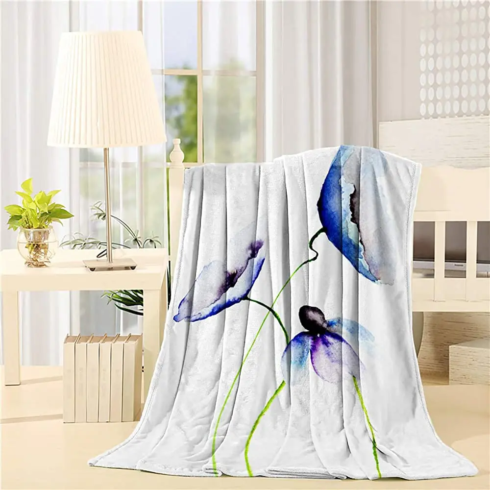 

Фланелевое Одеяло для душа, акварельная картина, искусство, синие и фиолетовые цветы, с ветвями, дышащее мягкое покрывало для кровати