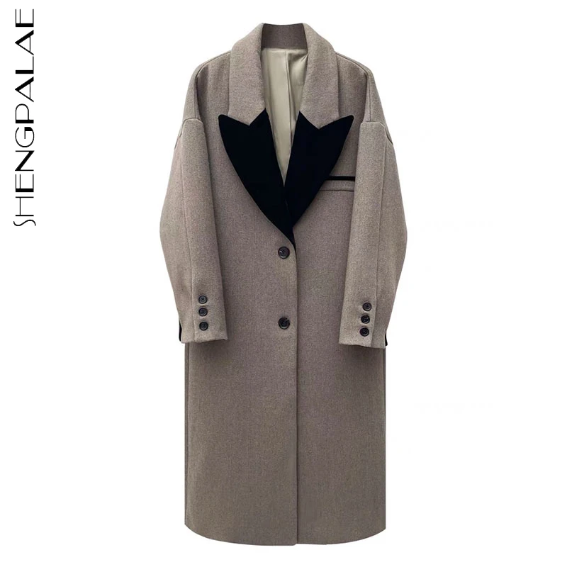 

SHENGPALAE модное шерстяное пальто контрастных цветов, Женское зимнее пальто 2021, новое свободное однобортное пальто с отворотом и длинным рукав...