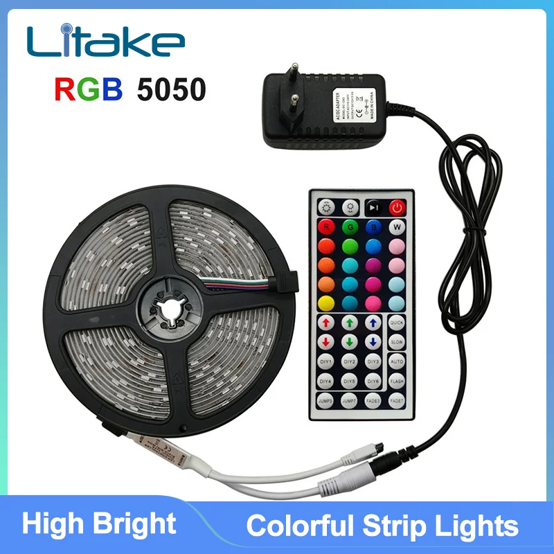 

Цветная мягкая полоса освещения s 5M LED 5050 RGB атмосферная лампа 44-клавишный пульт дистанционного управления набор 12 в ярсветильник свет Рожде...