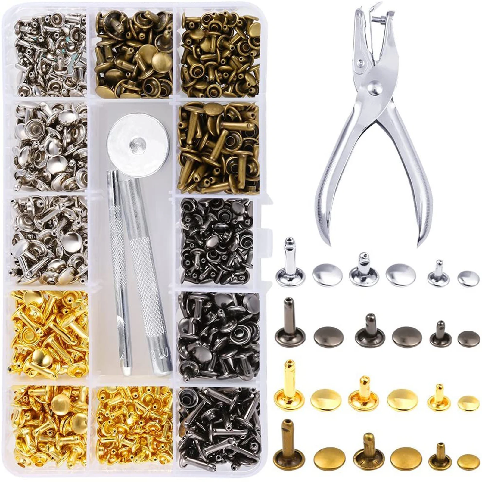 

360 Sets 3 Sizes Leather Rivets Double Cover Rivet Tubular Metal Studs with 4 Fixing Set Tools for DIY Leather Craft