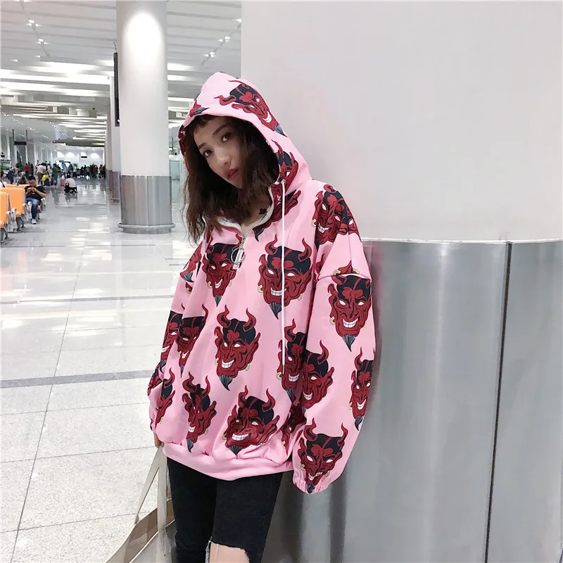 Толстовка с изображением дьявола Harajuku толстовки для женщин панк рок хип поп