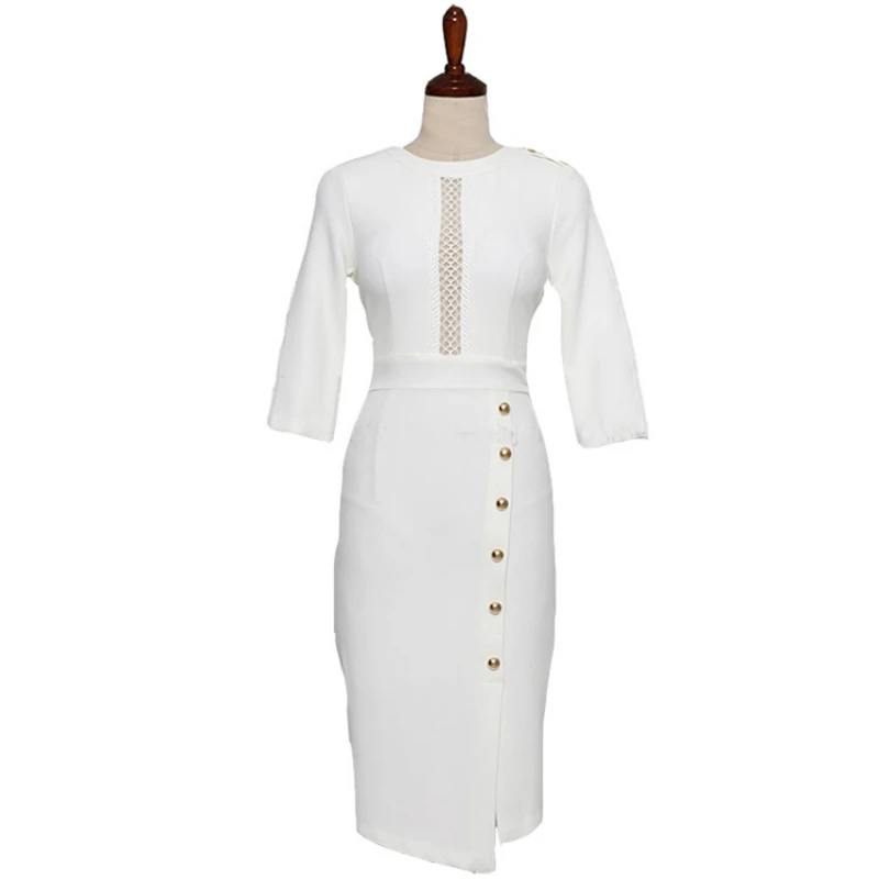 

Sheer Plus Size Women Three Quarter Singer Breasted White Dress Ladies Summer Dress Split OL Office Work Midi Ladies Dress