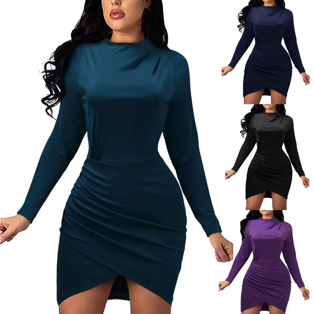 CHAMSGEND женское платье сексуальное осеннее модное с круглым вырезом длинным