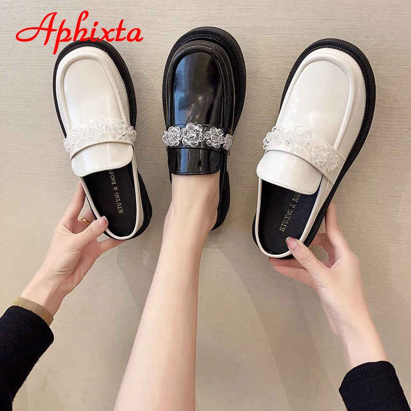 

Aphixta Rhinestone Diamond Luxury Design Half Slippers Women Bling Crystals MulesRubber Round Loafers Shoes Fashion Slides