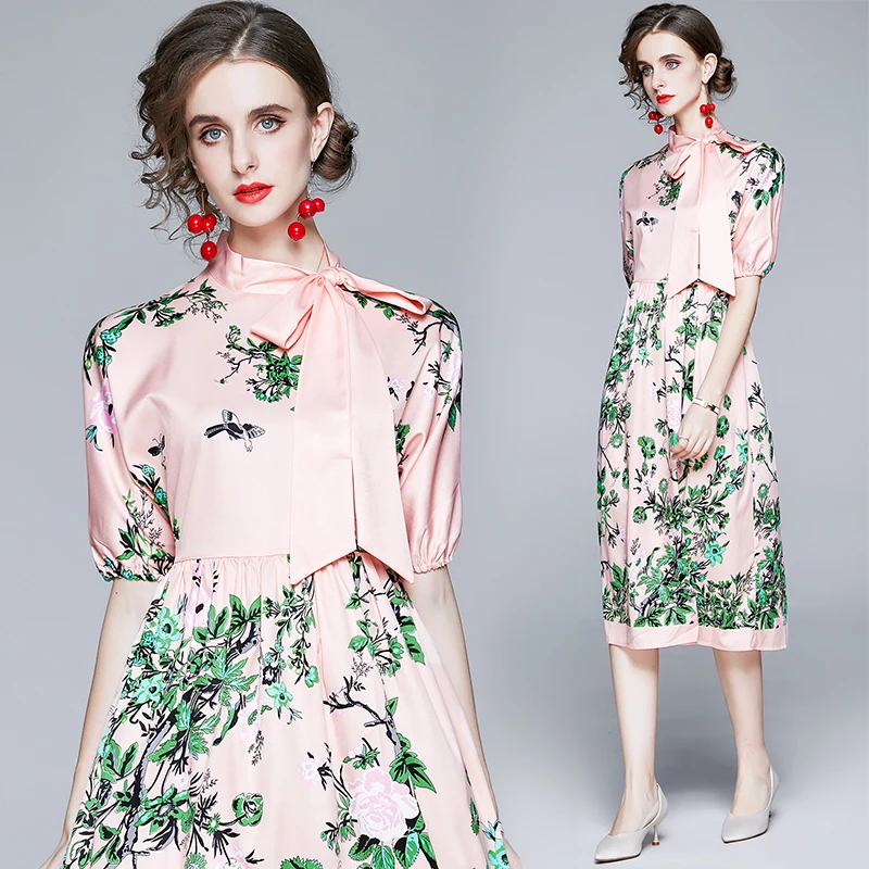 

Women's Dress Print Short Sleeve Loose Plus Size Clothing O-neck Korean Office Lady Dresses New Casual A-LINE Mid-Calf Houthion