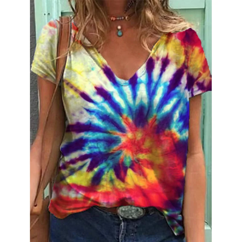 

Women's New Style Top Summer Casual Short-sleeved Loose V Neck Tie Dye Printing Hedging Fashion Plus Size Clothing