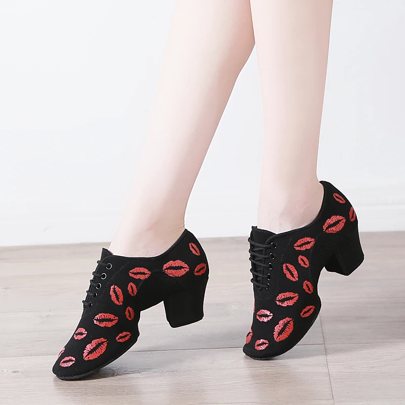 Red 5CM Heel Женская Мягкая Подошва кроссовок с принтом губ, сальса, латинские танцевальные туфли, ткань Оксфорд, 5 см, средний каблук, бальные туфли, обувь для обучения - Цвет: Red 5CM Heel