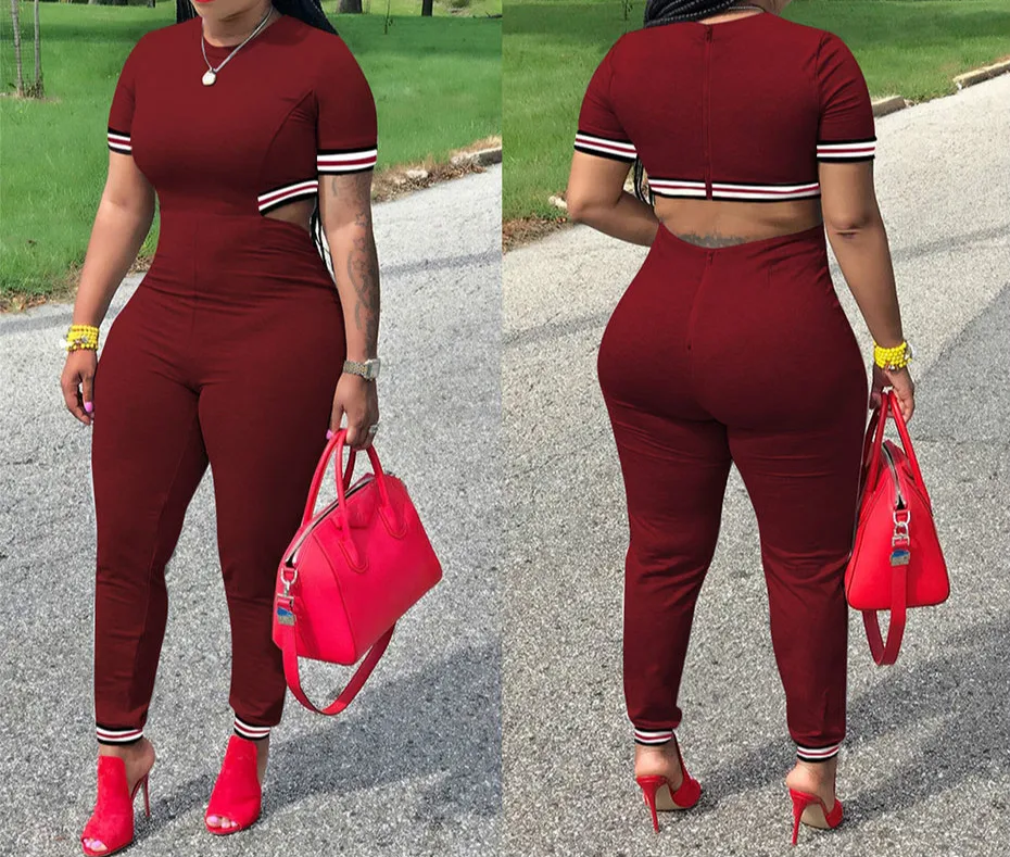 

Summer Fashion Short-sleeved Jumpsuit Sexy Waist Openwork Tights Casual Openwork One-piece Female Zipper Jumpsuit Clothing