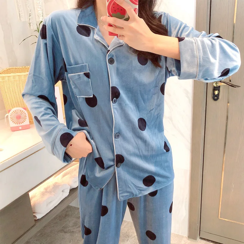 Autumn Winter Women Pyjamas Sets pajamas Sleepwear Suit Thick Warm Gold velvet nightgown Long sleeve casual dot pattern | Женская одежда
